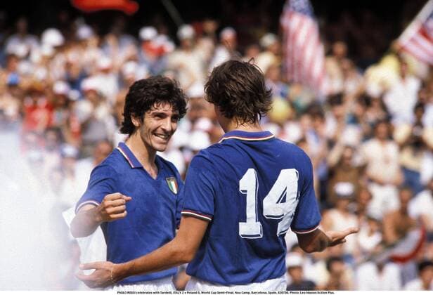 8th July 1982 Barcelona, Spain; PAOLO ROSSI celebrates with Tardelli, ITALY 2 v Poland 0, World Cup Semi-Final, Nou Camp, Barcelona, Spain,  ActionPlus82070852 ACTIONxPLUS