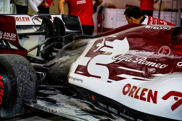 Motorsports FIA Formula One World Championship 2020, Grand Prix of Abu Dhabi, Car of 7 Kimi Raikkonen FIN, Alfa Romeo Racing ORLEN after fire Abu Dhabi United Arab Emirates