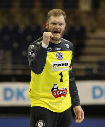 Goalkeeper Johannes Bitter joy emotion jubilant jubilation sport handball HBL Bundesliga men season 2020 2021 15 12 2020 Füchse Berlin vs TVB Stuttgart Geisterspiel Corona Covid 19