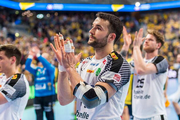 Mannheim, Germany 06 March 2018 DHB Pokal 17 18 1 4 Rhein Neckar Loewen vs SC DHfK Leipzig Bastian Roschek Leipzig dissatisfied disappointed dejected frustrated, DHB Pokal 17 18 1 4 Rhein Neckar Loewen vs SC DHfK Leipzig mwol