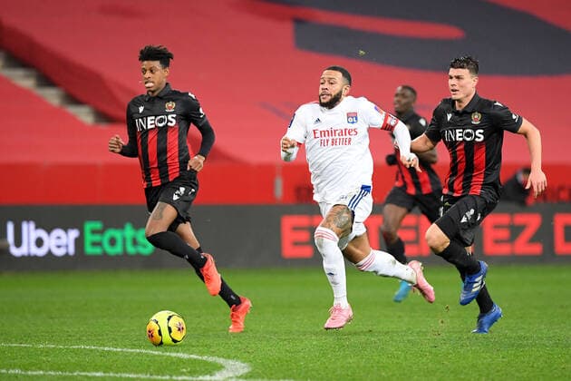 10 MEMPHIS DEPAY (OL) - 05 FLAVIUS DANILIUC (NICE) FOOTBALL : Nice vs Lyon - Ligue 1 Uber Eats - 19 12 2020 FEP Panoramic 