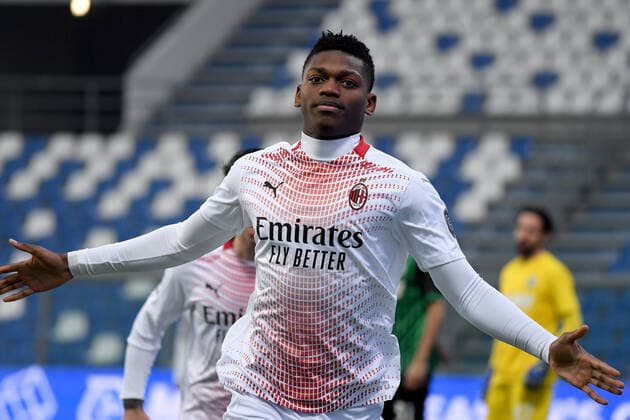 Rafael Leao of AC Milan celebrates after scoring the goal of 0-1 during the Serie A football match between US Sassuolo and AC Milan at Citta del Tricolore stadium in Reggio Emilia (Italy), December 20th 2020. Photo Andrea Staccioli Insidefoto andreaxstaccioli