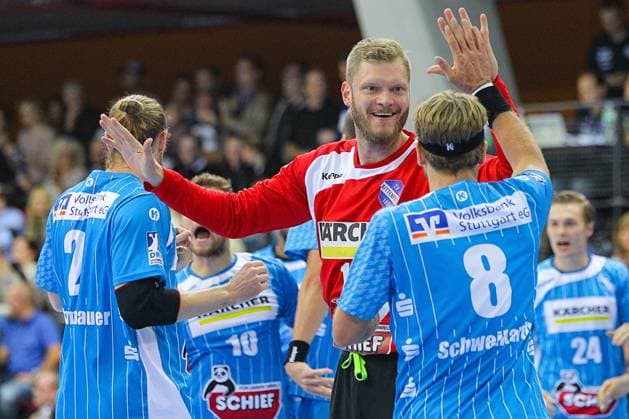 Stuttgart, Germany 07 October 2016 1 HBL 16 17 TVB 1898 Stuttgart vs SC Magdeburg v li Tobias Schimmelbauer TVB 1898 Stuttgart , goalkeeper goalkeeper Johannes Bitter TVB 1898 Stuttgart and Michael Schweikardt TVB 1898 Stuttgart 1 HBL 16 17 TVB 1898 Stuttgart vs SC Magdeburg twel