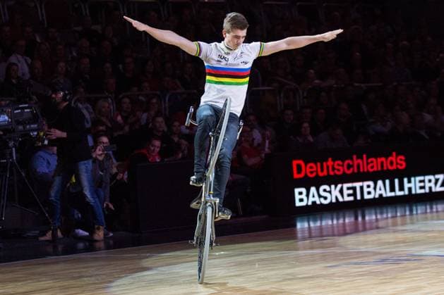Bamberg, Germany 12 January 2020 BBL Pokal 19 20 1 2 Final Brose Bamberg vs ALBA Berlin Lukas Kohl, Action Art Cycling Bike BDR World Champion World Record Holder German Champion European Champion RMSV Concordia Kirchehrenbach BBL Pokal 19 20 1 2 Final Brose Bamberg vs ALBA Berlin ksch