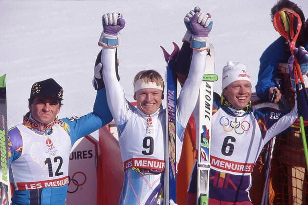 Finn Christian JAGGE (NOR, Mi.), Ski Alpin, Slalom, Spezialslalom, Aktion, Sieger (Goldmedaille, Goldmedaillengewinner, Olympiasieger), jubelt mit Alberto TOMBA (ITA, l.), Zweitplatzierter und Michael TRITSCHER (AUT); Spezialslalom Maenner, am 22.02.1992 Olympische Spiele in Albertville Frankreich, vom 09.02.-22.02.1992, Ã‚Â *** Finn Christian JAGGE NOR, Mi , Alpine skiing, slalom, special slalom, action, winner gold medal, gold medalist, Olympic champion , cheers with Alberto TOMBA ITA, l , runner-up and Michael TRITSCHER AUT special slalom men, on 22 02 1992 Olympic Games in Albertville France, of 09 02 22 02 1992, ÃÂ