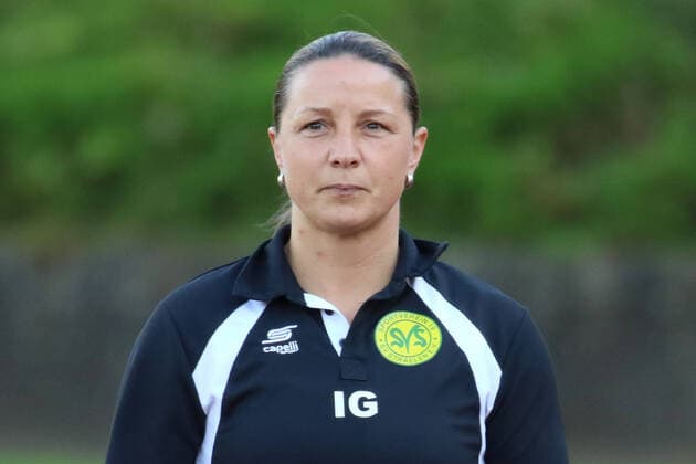 Moenchengladbach, Germany 18 April 2019 RL West 18 19 Bor Moenchengladbach U23 vs SV Straelen coach Inka Grings SV Straelen , action single image portrait face RL West 18 19 Bor Moenchengladbach U23 vs SV Straelen hvel