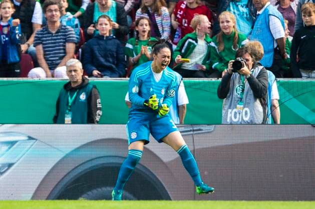 Koeln, Germany 19 May 2018 Final DFB Pokal Women 17 18 VfL Wolfsburg vs Bayern Muenchen Goalkeeper Manuela Zinsberger FC Bayern Munich after a held penalty gestures gestures facial expressions strong facial expressions emotion satisfied Final DFB Pokal Women 17 18 VfL Wolfsburg vs Bayern Muenchen mell