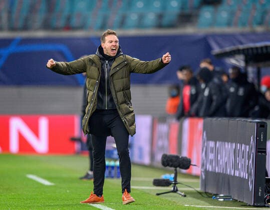 Leipzig coach Julian Nagelsmann final cheer after win 8 December 2020 Leipzig, Red Bull Arena Football UEFA Champions League, matchday 6 RB Leipzig Manchester United 3 2 RB Leipzig Manchester United
