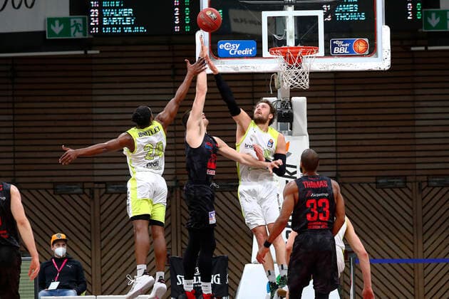 9 Matchday of the easyCredit BBL Basketball Bundesliga at Oberfrankenhalle in Bayreuth Season 2020 2021 Medi Bayreuth vs JobStairs Giessen 46ers Frank Bartley Medi Bayreuth 24 left Matthew Tiby Medi Bayreuth 15 right Bjarne Kraushaar JobStairs Giessen 46ers 4 center