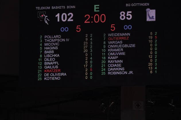 GER, easyCredit BBL, men, Telekom Baskets Bonn vs BG Goettingen 27 12 2020, Telekom Dome, Bonn, GER, easyCredit BBL, men, Telekom Baskets Bonn vs BG Goettingen, in picture shows final score 102 85 nordphotox xMeuter nph00351