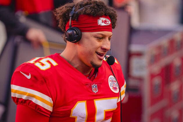 Kansas City Chiefs quarterback Patrick Mahomes (15) gives a post game interview after defeating the Atlanta Falcons at Arrowhead Stadium in Kansas City on Sunday, December 27, 2020.  KCP20201227131 KYLExRIVAS