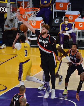 Portland Trail Blazers Jusuf Nurkic blocks Los Angeles Lakers Anthony Davis during the second half at Staples Center in Los Angeles on Monday, December 28, 2020. The Trail Blazers defeated the Lakers 115-107.  LAP2020122802 JIMxRUYMEN