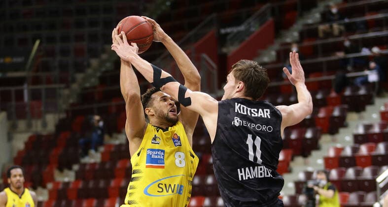 Ludwigsburg , Basketball easyCredit BBL Bundesliga , MHP RIESEN Ludwigsburg vs Hamburg Towers , from left Elias harris Riesen Maik Kotsar Towers