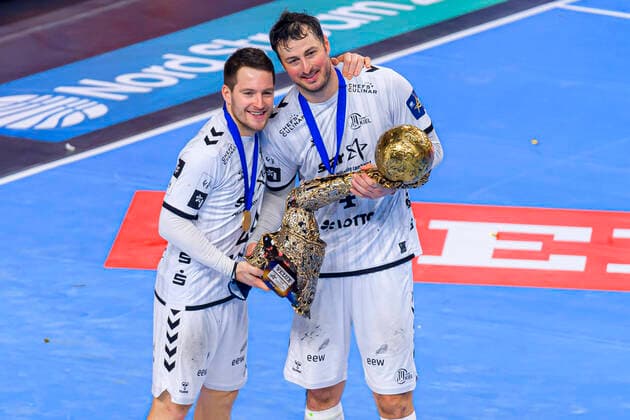 Koeln, Germany 29 December 2020 Handball CL Final4 19 20 Final THW Kiel vs FC Barcelona Miha Zarabec THW Kiel , Domagoj Duvnjak THW Kiel Koeln Lanxess Arena Nordrhein Westfalen Germany