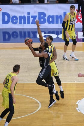 Jarrell Ediie 31 of Fenerbahce Beko Istanbul and Kevarrius Hayes of LDLC Asvel Villeurbanne during the Euroleague Basketball match between Fenerbahce Beko Istanbul and LDLC Asvel Villeurbanne at Ulker Dome n Istanbul , Turkey on December 30 , 2020. 