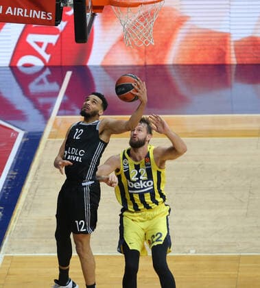 Danilo Barthel 22 of Fenerbahce Beko Istanbul and Amine Noua 12 of LDLC Asvel Villeurbanne during the Euroleague Basketball match between Fenerbahce Beko Istanbul and LDLC Asvel Villeurbanne at Ulker Dome n Istanbul , Turkey on December 30 , 2020. 