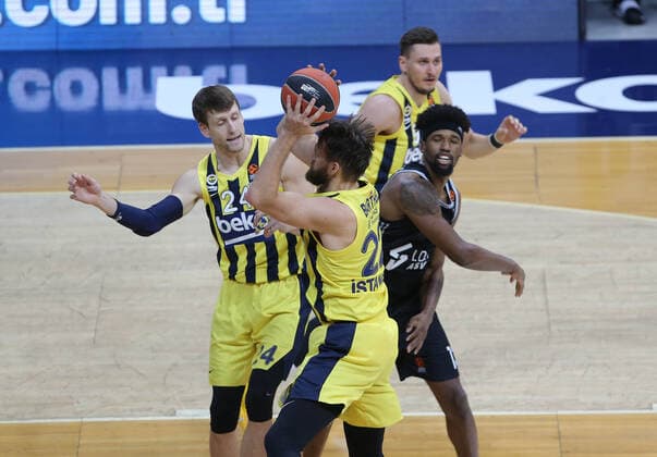 Jan Vesely 24 , Danilo Barthel 22 of Fenerbahce Beko Istanbul and Kevarrius Hayes 13 of LDLC Asvel Villeurbanne during the Euroleague Basketball match between Fenerbahce Beko Istanbul and LDLC Asvel Villeurbanne at Ulker Dome n Istanbul , Turkey on December 30 , 2020. 