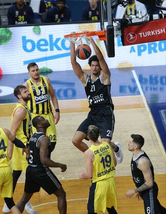 Danilo Barthel 22 , Jan Vesely 24 , Nando de Colo 19 , Edgaras Ulanovas 92 of Fenerbahce Beko Istanbul and Ismael Bako 21 of LDLC Asvel Villeurbanne during the Euroleague Basketball match between Fenerbahce Beko Istanbul and LDLC Asvel Villeurbanne at Ulker Dome n Istanbul , Turkey on December 30 , 2020. 