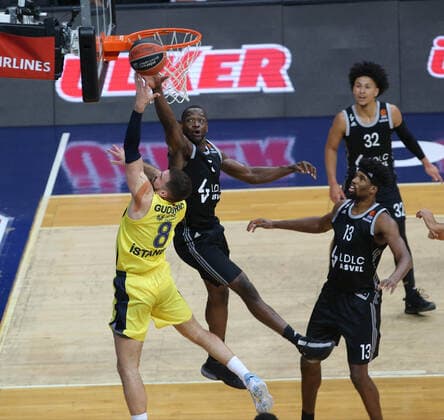 Marko Guduric of Fenerbahce Beko Istanbul and Kevarrius Hayes 13 of LDLC Asvel Villeurbanne during the Euroleague Basketball match between Fenerbahce Beko Istanbul and LDLC Asvel Villeurbanne at Ulker Dome n Istanbul , Turkey on December 30 , 2020. 