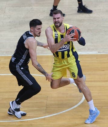 Marco Guduric (8) of Fenerbahce Beko Istanbul and Paul Lacombe (6) of LDLC Asvel Villeurbanne during the Euroleague Basketball match between Fenerbahce Beko Istanbul and LDLC Asvel Villeurbanne at Ulker Dome n Istanbul , Turkey on December 30 , 2020. 