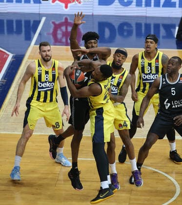 Dyshawn Pierre (21) , Lorenzo Brown (4) , Marko Guduric (8) , Jarell Eddie (31) of Fenerbahce Beko Istanbul and Kevarrius Hayes of LDLC Asvel Villeurbanne during the Euroleague Basketball match between Fenerbahce Beko Istanbul and LDLC Asvel Villeurbanne at Ulker Dome n Istanbul , Turkey on December 30 , 2020. 