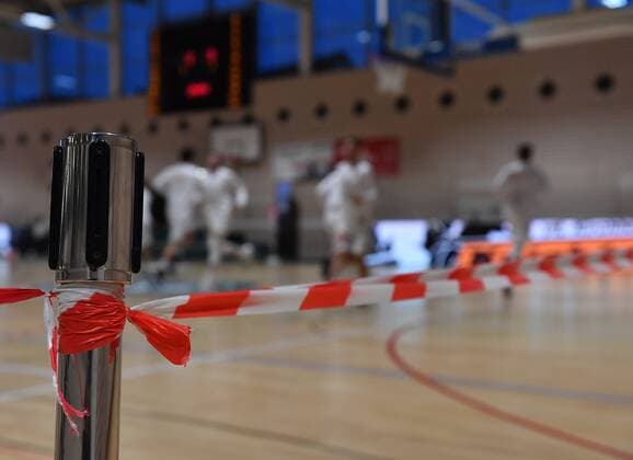 02 01 2021 Basketball Season 2020 2021 2 Bundesliga Pro A 07 Matchday Kirchheim Knights Nuremberg Falcons Basketball Club NBC Feature Impression Symbol Picture Symbol Photo Barricade Barrier Tape at the Edge of the Court
