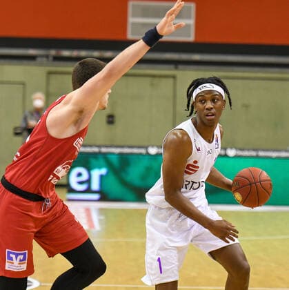 Scottie James jr Deishuan Booker 11 matchday, Basketball Bundesliga, Basketball season 2020 2021, Germany, easyCredit BBL, frankfurt, Germany, Giessen 46ers, giessen red, men, Jobstairs GIESSEN 46ers BG Göttingen men, Göttingen white