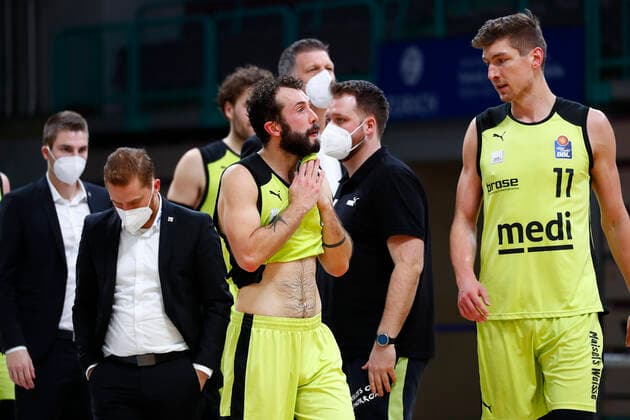 11 Matchday of the easyCredit BBL Basketball Bundesliga at the Oberfrankenhalle in Bayreuth Season 2020 2021 Medi Bayreuth vs MHP RIESEN Ludwigsburg Bastian Doreth Medi Bayreuth 10 after the game