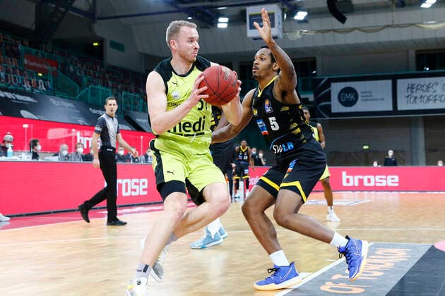 11 Matchday of the easyCredit BBL Basketball Bundesliga at Oberfrankenhalle in Bayreuth Season 2020 2021 Medi Bayreuth vs MHP RIESEN Ludwigsburg Osvaldas Olisevicius Medi Bayreuth 31 left Barry Brown Jr MHP RIESEN Ludwigsburg 5 right