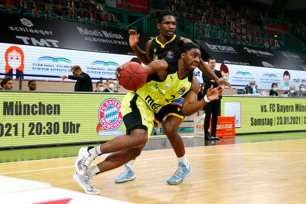 11 Matchday of the easyCredit BBL Basketball Bundesliga at Oberfrankenhalle in Bayreuth Season 2020 2021 Medi Bayreuth vs MHP RIESEN Ludwigsburg Frank Bartley Medi Bayreuth 24 left Jaleen Smith MHP RIESEN Ludwigsburg 3 right