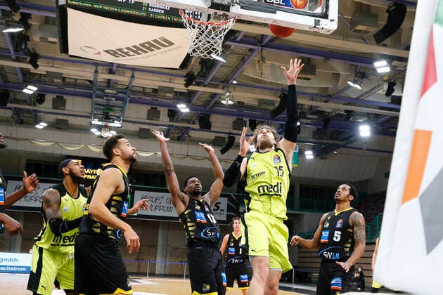 11 Matchday of the easyCredit BBL Basketball Bundesliga at Oberfrankenhalle in Bayreuth Season 2020 2021 Medi Bayreuth vs MHP RIESEN Ludwigsburg Matthew Tiby Medi Bayreuth 15 2 v right Elias Harris MHP RIESEN Ludwigsburg 8 left Yorman Polas Bartolo MHP RIESEN Ludwigsburg 13 2 v left Barry Brown Jr MHP RIESEN Ludwigsburg 5 right