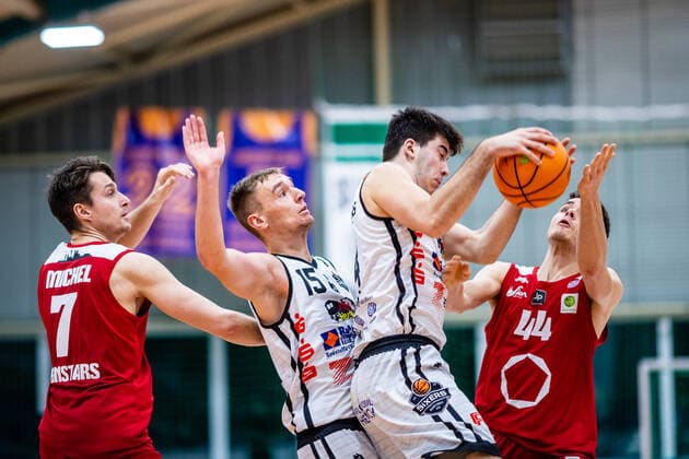 Thomas Michel 7 Rheinstars Köln , Marco Rahn 15 BSW Sixers , Martin Jelic 4 BSW Sixers , Benedict Van Laack 44 Rheinstars Köln during the 2020 21 mens Barmer Bundesliga ProB season between BSW Sixers and Rheinstars Köln at Ballsporthalle Sandersdorf on 3 January 2021 in Sandersdorf, Saxony-Anhalt, Germany