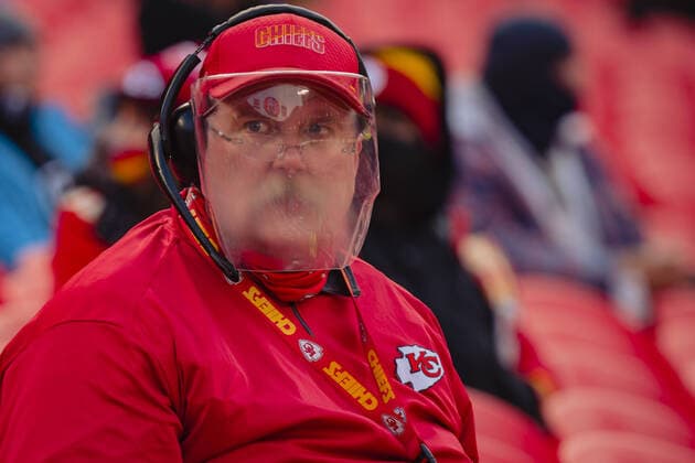 A Kansas City Chiefs fan impersonates Kansas City Chiefs head coach Andy Reid during the game against the Los Angeles Chargers at Arrowhead Stadium in Kansas City on Sunday, January 03, 2021.  KCP20210123104 KYLExRIVAS