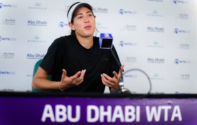 January 4, 2021, Abu Dhabi, UNITED ARAB EMIRATES: Garbine Muguruza of Spain talks to the media ahead of the 2021 Abu Dhabi WTA, Tennis Damen Womens Tennis Open WTA 500 tournament. Abu Dhabi UNITED ARAB EMIRATES - ZUMAa181 20210104_zaa_a181_101 Copyright: xRobxPrangex
