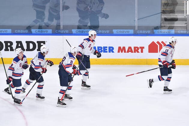 210106 Alex Turcotte, Jake Sanderson, Arthur Kaliyev, Drew Helleson and Trevor Zegras of USA celebrate the 1 0 goal during the 2021 IIHF World Junior Championship final between USA and Canada on January 6, 2021 in Edmonton Photo Andy Devlin BILDBYRAN COP 306 AD0012 bbeng ishockey ice hockey jvm junior vm u20 2021 iihf world junior championship world juniors final usa canada kanada,  Copyright: ANDYxDEVLIN BB210106BB056