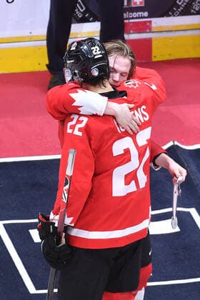 210106 Bowen Byram of Canada hugs teammate Dylan Cozens after the 2021 IIHF World Junior Championship final between USA and Canada on January 6, 2021 in Edmonton Photo Andy Devlin BILDBYRAN COP 306 AD0012 bbeng ishockey ice hockey jvm junior vm u20 2021 iihf world junior championship world juniors final usa canada kanada,  Copyright: ANDYxDEVLIN BB210106BB150