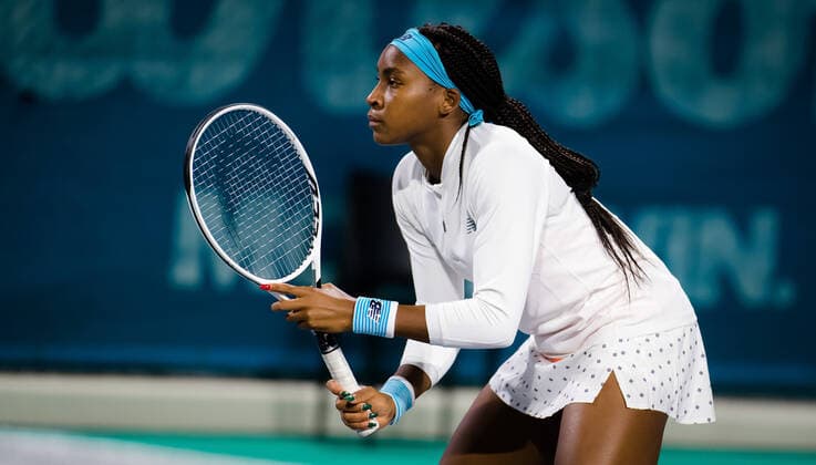 January 6, 2021, Abu Dhabi, UNITED ARAB EMIRATES: Cori Gauff of the United States playing doubles at the 2021 Abu Dhabi WTA, Tennis Damen Womens Tennis Open WTA 500 tournament. Abu Dhabi UNITED ARAB EMIRATES - ZUMAa181 20210106_zaa_a181_166 Copyright: xRobxPrangex