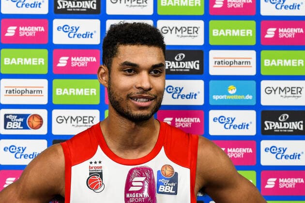 GER, BBL, ratiopharm ulm vs Bose Bamberg 06 01 2021, ratiopharm arena, Neu Ulm, GER, BBL, ratiopharm ulm vs Bose Bamberg, in the picture Kenneth Ogbe Bamberg, 25 during the interview with MagentaSport after the match nordphotoxHafner nph00200