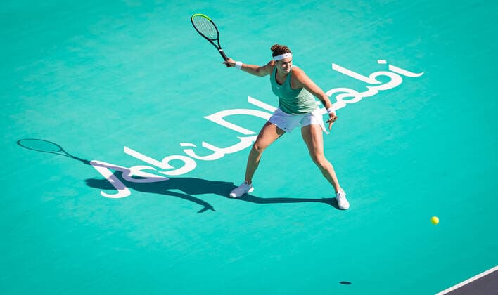 January 7, 2021, Abu Dhabi, UNITED ARAB EMIRATES: Aryna Sabalenka of Belarus in action during the first round at the 2021 Abu Dhabi WTA, Tennis Damen Womens Tennis Open WTA 500 tournament against Polona Hercog of Slovenia Abu Dhabi UNITED ARAB EMIRATES - ZUMAa181 20210107_zaa_a181_035 Copyright: xRobxPrangex