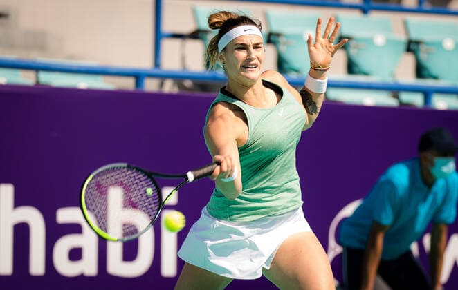 January 7, 2021, Abu Dhabi, UNITED ARAB EMIRATES: Aryna Sabalenka of Belarus in action during the first round at the 2021 Abu Dhabi WTA, Tennis Damen Womens Tennis Open WTA 500 tournament against Polona Hercog of Slovenia Abu Dhabi UNITED ARAB EMIRATES - ZUMAa181 20210107_zaa_a181_049 Copyright: xRobxPrangex