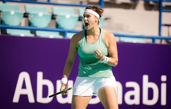 January 7, 2021, Abu Dhabi, UNITED ARAB EMIRATES: Aryna Sabalenka of Belarus in action during the first round at the 2021 Abu Dhabi WTA, Tennis Damen Womens Tennis Open WTA 500 tournament against Polona Hercog of Slovenia Abu Dhabi UNITED ARAB EMIRATES - ZUMAa181 20210107_zaa_a181_050 Copyright: xRobxPrangex