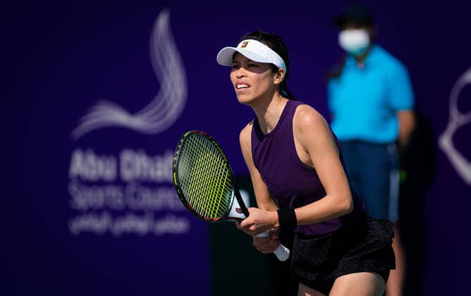 January 7, 2021, Abu Dhabi, UNITED ARAB EMIRATES: Su-Wei Hsieh of Chinese Taipeh in action during the first round at the 2021 Abu Dhabi WTA, Tennis Damen Womens Tennis Open WTA 500 tournament against Marketa Vondrousova of the Czech Republic Abu Dhabi UNITED ARAB EMIRATES - ZUMAa181 20210107_zaa_a181_064 Copyright: xRobxPrangex