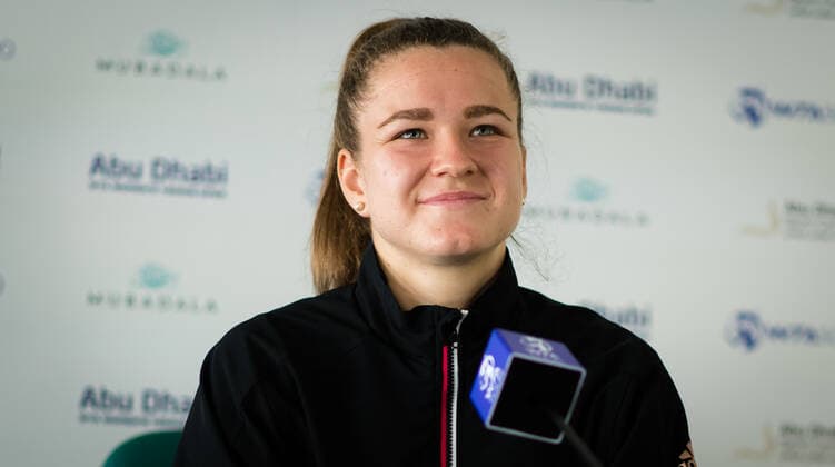 January 7, 2021, Abu Dhabi, UNITED ARAB EMIRATES: Karolina Muchova of the Czech Republic talks to the media after her her first-round match at the 2021 Abu Dhabi WTA, Tennis Damen Womens Tennis Open WTA 500 tournament. Abu Dhabi UNITED ARAB EMIRATES - ZUMAa181 20210107_zaa_a181_146 Copyright: xRobxPrangex