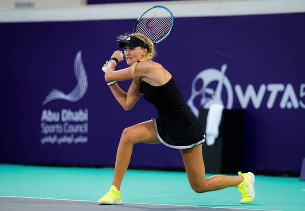 January 7, 2021, Abu Dhabi, UNITED ARAB EMIRATES: Kristina Mladenovic of France in action during her first-round match at the 2021 Abu Dhabi WTA, Tennis Damen Womens Tennis Open WTA 500 tournament against Garbine Muguruza of Spain Abu Dhabi UNITED ARAB EMIRATES - ZUMAa181 20210107_zaa_a181_157 Copyright: xRobxPrangex