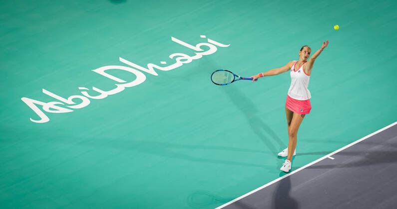 January 7, 2021, Abu Dhabi, UNITED ARAB EMIRATES: Karolina Pliskova of the Czech Republic In action during her first-round match at the 2021 Abu Dhabi WTA, Tennis Damen Womens Tennis Open WTA 500 tournament against Despina Papamichail of Greece Abu Dhabi UNITED ARAB EMIRATES - ZUMAa181 20210107_zaa_a181_172 Copyright: xRobxPrangex