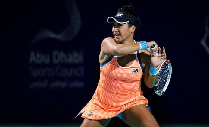 January 7, 2021, Abu Dhabi, UNITED ARAB EMIRATES: Heather Watson of Great Britain in action during her first-round match at the 2021 Abu Dhabi WTA, Tennis Damen Womens Tennis Open WTA 500 tournament against Jodie Burrage of Great Britain Abu Dhabi UNITED ARAB EMIRATES - ZUMAa181 20210107_zaa_a181_227 Copyright: xRobxPrangex