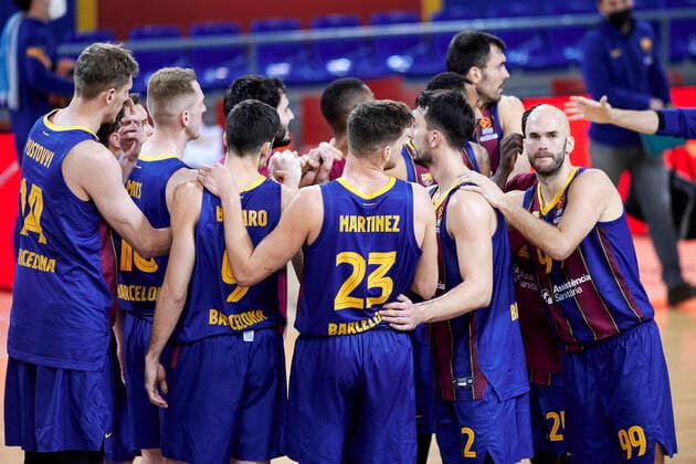January 7, 2021, Barcelona, Spain: FC Bar celona players during the Turkish Airlines EuroLeague match between FC Barcelona, Barca and Valencia Basket at Palau Blaugrana in Barcelona, Spain. Barcelona Spain - ZUMAd159 20210107_zia_d159_150 Copyright: xGerardxFrancox