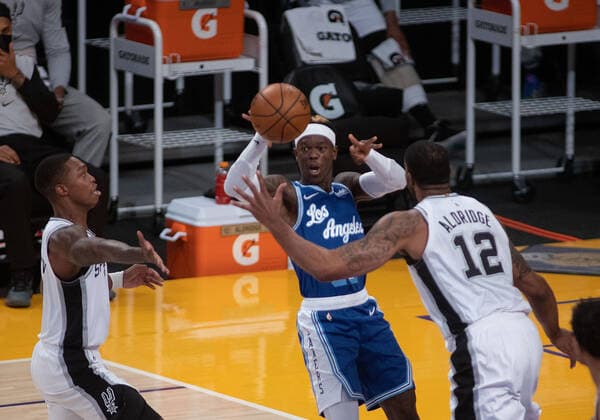 January 7, 2021, Los Angeles, California, USA: Dennis Schroder 17 of the Los Angeles Lakers passes the ball during their regular season NBA, Basketball Herren, USA game with the San Antonio Spurs on Thursday January 7, 2021 at the Staples Center in Los Angeles, California. Lakers lose to Spurs 118-109. JAVIER ROJAS PI Los Angeles USA - ZUMAp124 20210107_zaa_p124_003 Copyright: xJavierxRojasx
