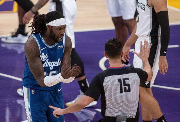 January 7, 2021, Los Angeles, California, USA: Montrezl Harrell 15 of the Los Angeles Lakers questions a call during their regular season NBA, Basketball Herren, USA game with the San Antonio Spurs on Thursday January 7, 2021 at the Staples Center in Los Angeles, California. Lakers lose to Spurs 118-109. JAVIER ROJAS PI Los Angeles USA - ZUMAp124 20210107_zaa_p124_024 Copyright: xJavierxRojasx