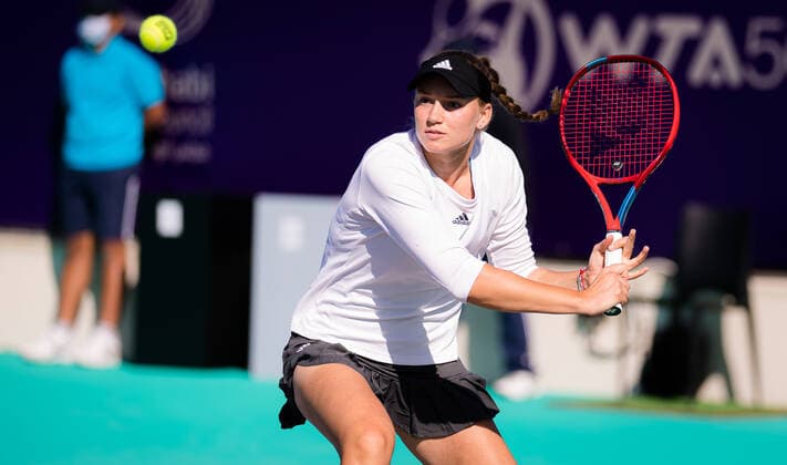 January 8, 2021, Abu Dhabi, UNITED ARAB EMIRATES: Elena Rybakina of Kazakhstan playing doubles at the 2021 Abu Dhabi WTA, Tennis Damen Womens Tennis Open WTA 500 tournament. Abu Dhabi UNITED ARAB EMIRATES - ZUMAa181 20210108_zaa_a181_029 Copyright: xRobxPrangex